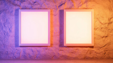 Poster - Contemporary art display with two white frames on textured wall with colorful lighting