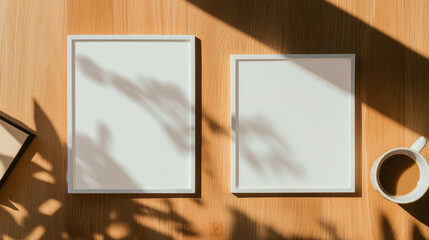 Aufkleber - Modern interior decor with two white frames on wooden table