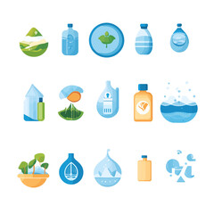 Poster - Icons with Water, Natural Elements, and Containers in Modern Flat Design