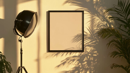 Poster - Minimalist black frame on wall with tropical plant shadow and studio light