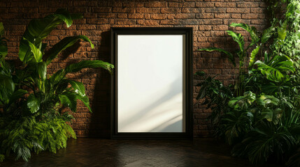 Poster - Modern interior design with dark wooden frame against brick wall and lush green plants