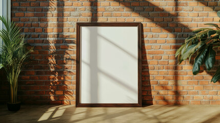 Poster - Dark wooden frame against brick wall in sunlit interior for art display or design