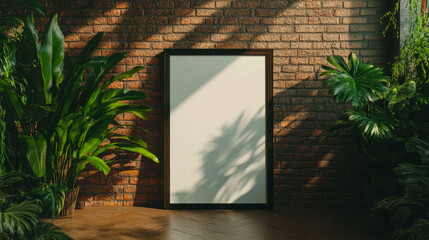 Poster - Dark wooden frame against brick wall with green plants for art display or design inspiration