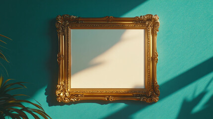Poster - Elegant gold ornate frame on textured wall with sunlight shadow for interior design theme