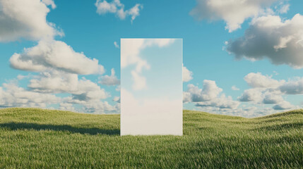 Poster - Minimalist white frame in serene grassy landscape with clouds