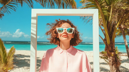 Poster - Tropical beach vacation with white frame and sunglasses for creative design and poster concepts