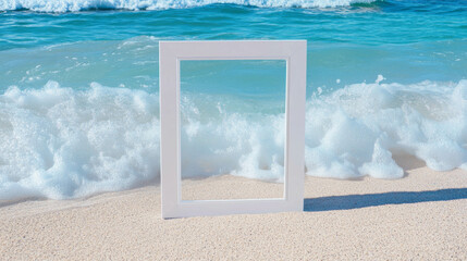 Poster - White frame on sandy beach with ocean waves in summer coastal scene
