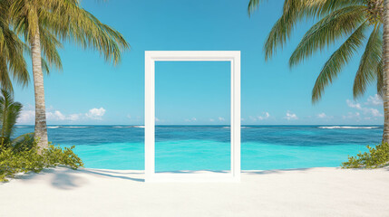 Poster - Tropical beach scene with white frame under palm trees for summer design
