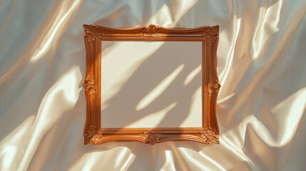 Poster - Elegant carved wooden frame on luxurious draped fabric background for design and decor