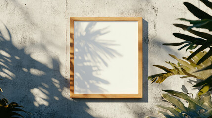 Poster - Wooden frame on sunlit concrete wall with tropical leaves for interior design presentation