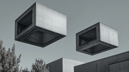 Poster - Abstract architectural geometry with floating concrete cubes against sky