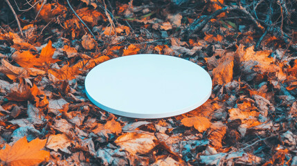 Poster - Autumn setting with white circular podium on vibrant fallen leaves