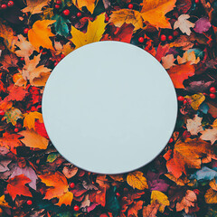 Poster - Autumn-themed white circular podium on vibrant fall leaves for seasonal designs