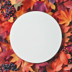Poster - Autumn inspired white circular podium surrounded by colorful fall leaves