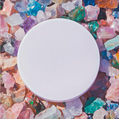Poster - Minimalist white circular podium on colorful gemstone background for design display