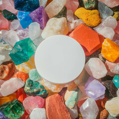 Aufkleber - Overhead view of white circular podium surrounded by colorful crystals for design and display concepts