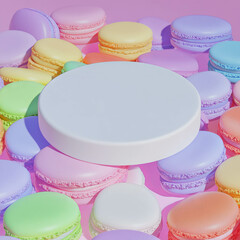 Aufkleber - Minimalist white circular podium surrounded by colorful macarons for display and design