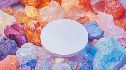 Aufkleber - White circular podium surrounded by colorful crystals for elegant display