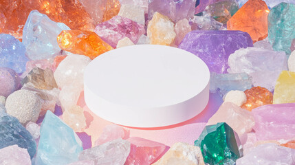 Aufkleber - White circular podium surrounded by colorful crystals for product display or design concept