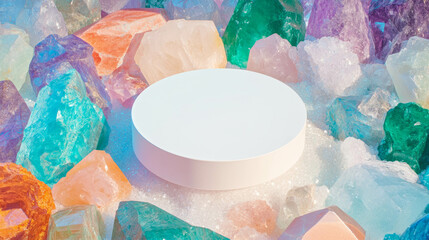Aufkleber - White circular podium surrounded by colorful crystals for display and design inspiration