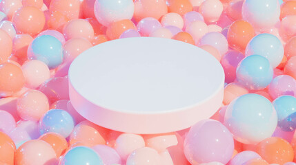 Poster - Minimalist white circular podium surrounded by pastel balloons for modern design projects