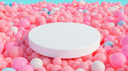 Poster - White circular podium on pink and blue pastel balloon background for product display design