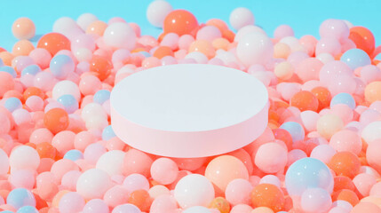 Poster - Pastel themed circular podium display surrounded by colorful spheres on soft background