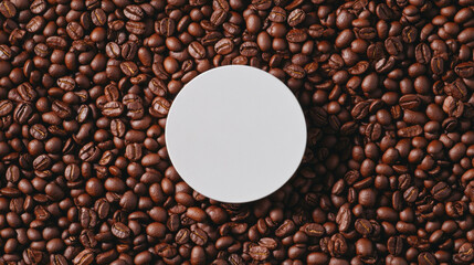 Poster - Minimalist design concept with white circular podium on coffee beans surface
