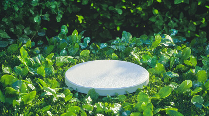 Poster - Modern minimalist scene with white circular podium surrounded by vibrant green foliage
