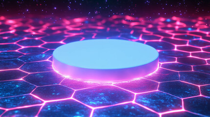 Poster - Futuristic neon circular podium on hexagonal surface with cosmic background