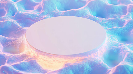 Poster - Futuristic white circular podium on iridescent textured surface for product display design