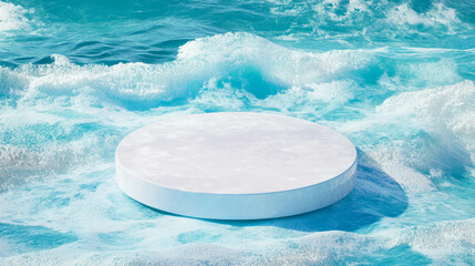 Poster - Minimalist white circular podium floating on ocean waves for summer design