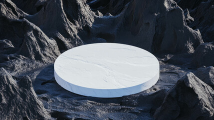 Poster - Minimalist white circular podium on abstract rocky surface for product display