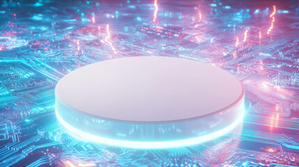 Poster - Futuristic white circular podium on neon surfaced circuit board for technology design