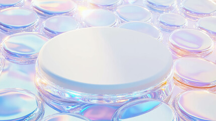 Poster - Iridescent white circular podium on glossy surface for product display and design