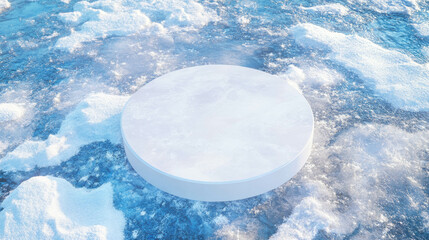 Poster - Minimalist white circular podium on ice surface for winter display design