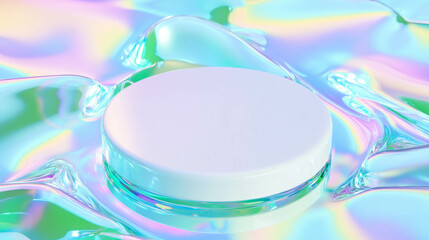 Poster - White circular podium on iridescent surface for product display and branding design