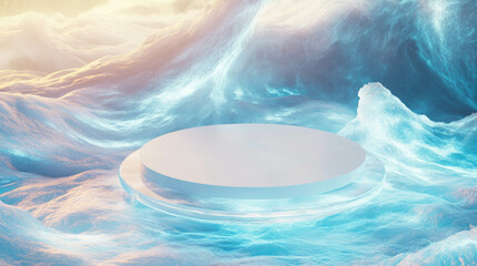 Poster - Abstract frozen landscape with white circular podium for creative display design