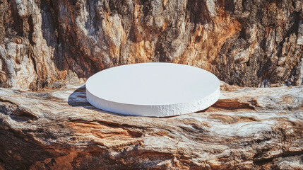 Poster - Minimalist design with white circular podium on rustic wood texture