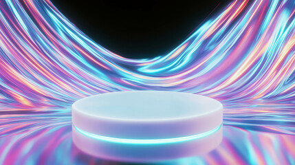 Poster - Futuristic circular podium with neon lights for creative design and display concepts