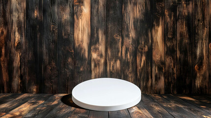 Poster - Minimalist white circular podium on rustic wooden background for product display