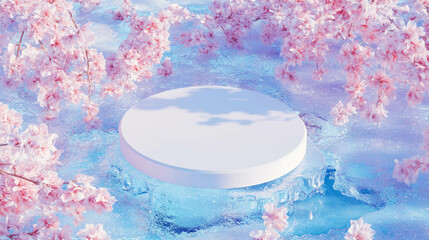Aufkleber - Elegant white circular podium amidst blossoming cherry blossoms in a dreamy spring setting