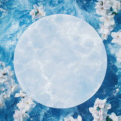 Poster - Elegant white circular podium with blossoming floral accents on blue background
