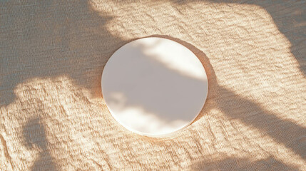 Poster - Minimalistic white circular podium overhead on textured fabric surface
