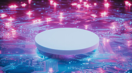 Poster - Futuristic white circular podium on glowing circuit board for technology display