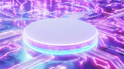 Poster - Futuristic neon glowing circuitry with white circular podium concept for technology display