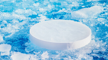 Poster - White circular podium on blue ice background for minimalist design