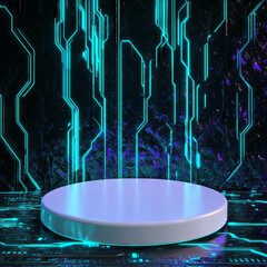 Poster - Futuristic digital podium with neon glowing circuitry for tech display and presentation