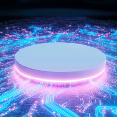 Poster - Futuristic neon circular podium on digital circuitry surface