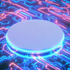 Poster - Futuristic technology concept with white circular podium on neon circuit board background